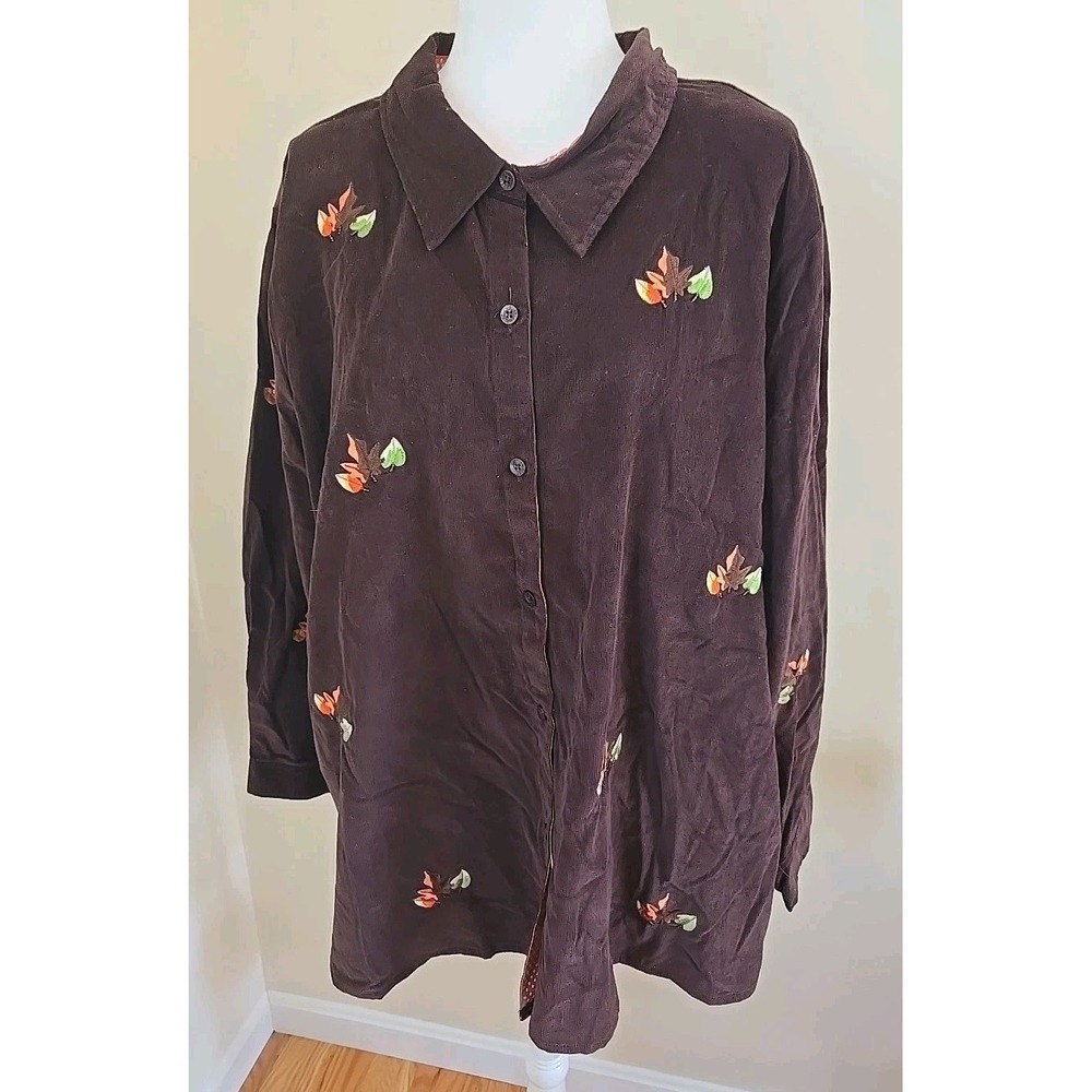 Quacker Factory Women's Plus Size Fall Leaves Corduroy Button Up Shirt Cotton 3X